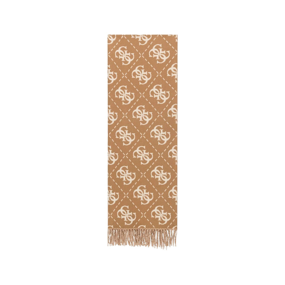 Sciarpa Guess donna logo all over AW5217 VIS03. Stola invernale bicolore in maglia morbida con loghi Guess, estremità con frange e misure 94x100 cm, collezione autunno inverno. Beige