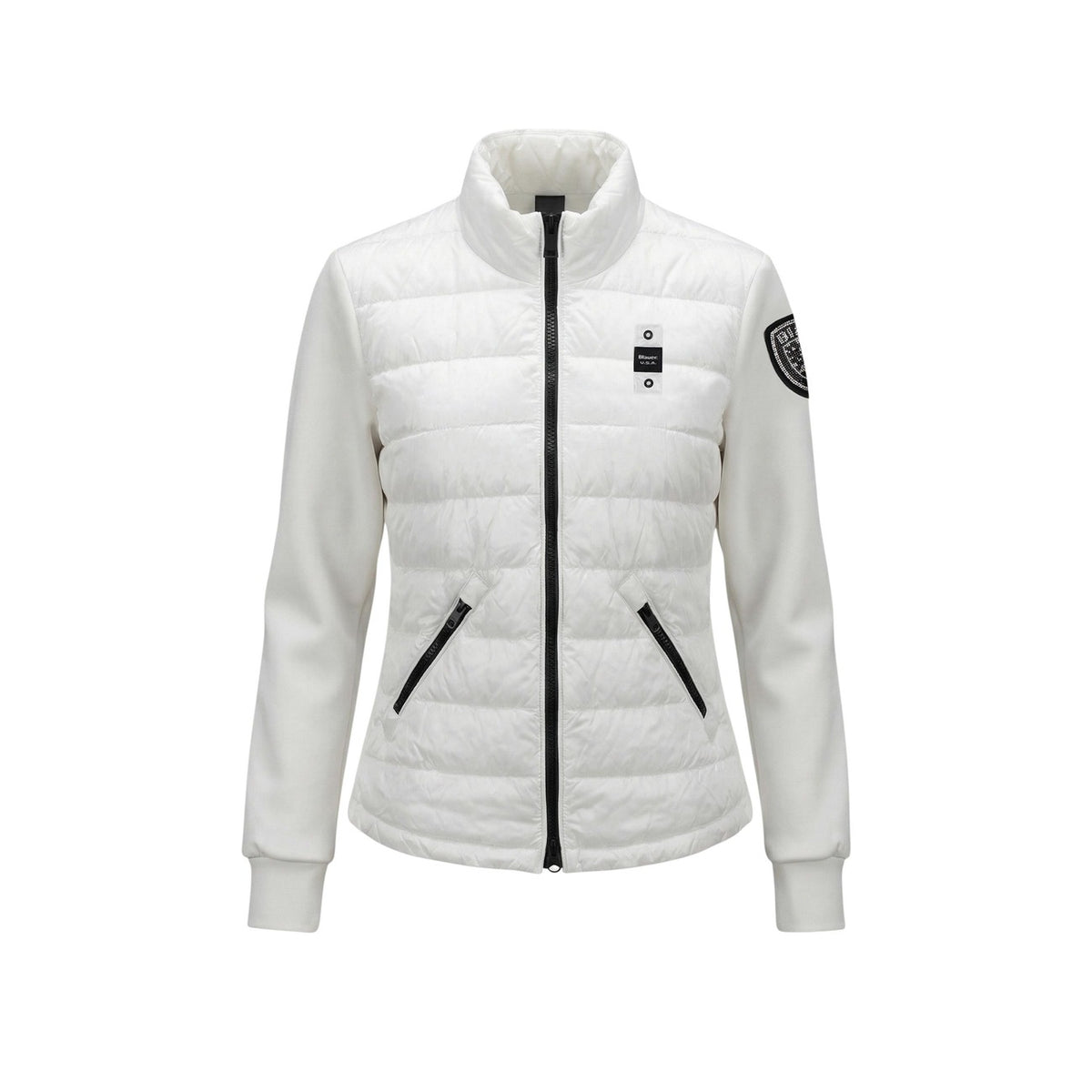 Piumino bianco leggero Blauer Haskel, chiusura con zip e tasche zippate, colletto alto antivento e dettagli iconici del brand; vestibilità ergonomica e tessuto resistente. Vista frontale Stesa
