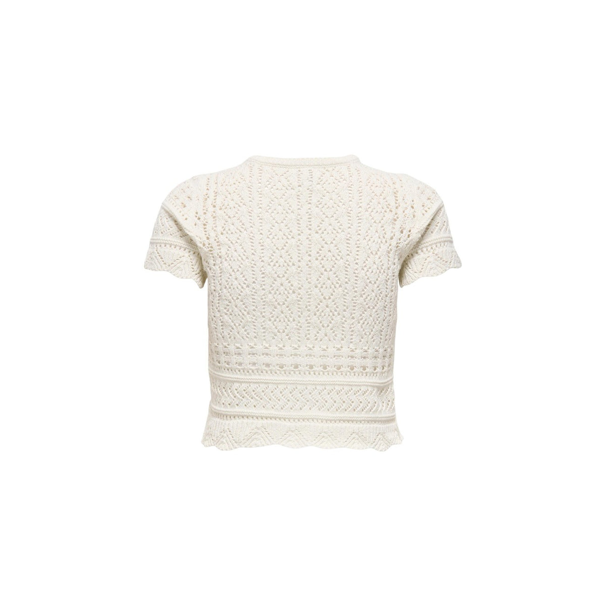 Only Onlelke Pearl Cardigan; cotone e poliestere riciclati, lavorazione a traforo, bottoni perla. La maglia raffinata e sostenibile per un look bon-ton contemporaneo. Colore panna. Vista posteriore