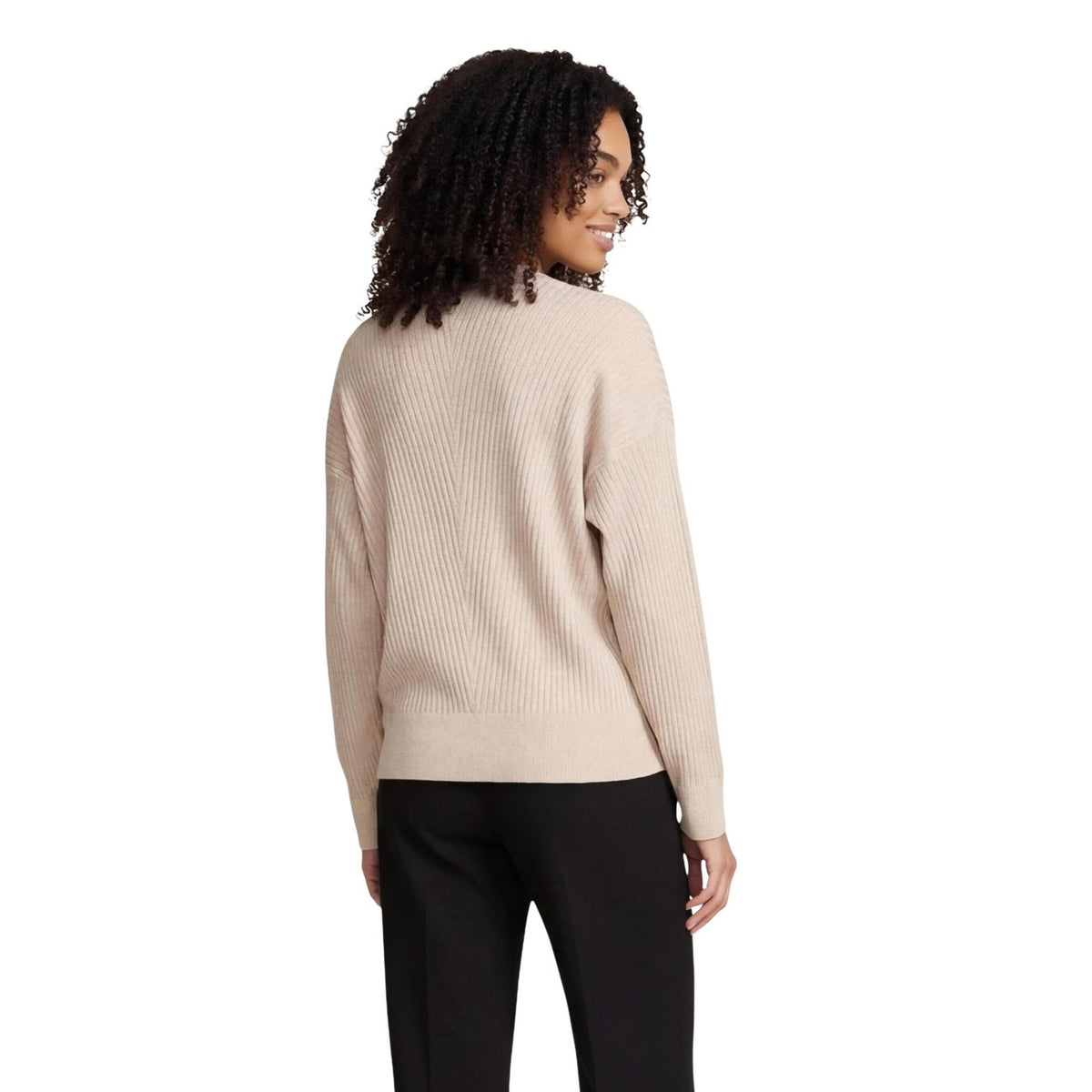 Liu Jo ECS CHIUSA Top; viscosa e poliestere riciclato, scollo a V con foulard. Maglia a costine sottili dal design raffinato e femminile. Colore beige. Vista posteriore