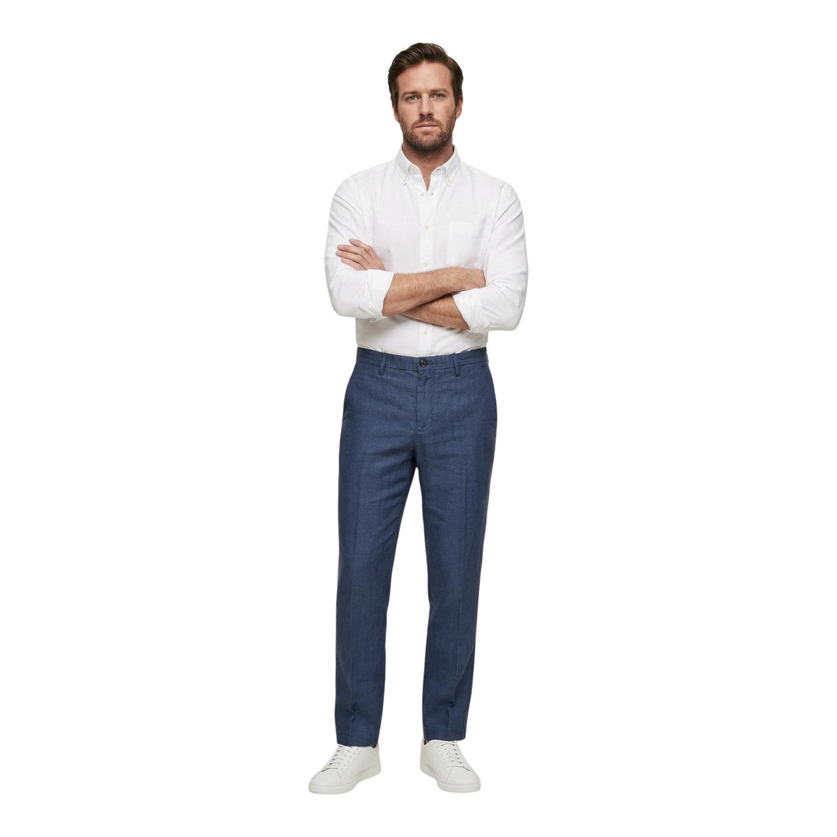Pantaloni Borghese PSE579GR; 100% lino, Regular Comfort Fit. Chiusura con bottone, tasche laterali, tessuto ultra-traspirante. Pantalone estivo elegante e leggero, ideale per look business e casual. Colore blu vista frontale figura intera