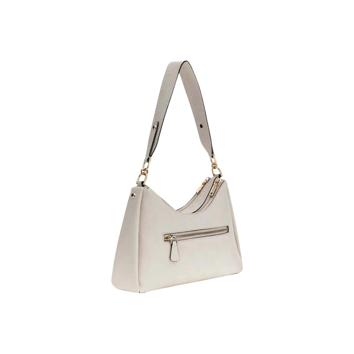 Guess Anise HWPD99 16180, borsa bianca media con doppia zip e logo in rilievo; interni multi-scomparto, finiture dorate e stile contemporaneo, perfetta per lavoro e tempo libero. Vista posteriore