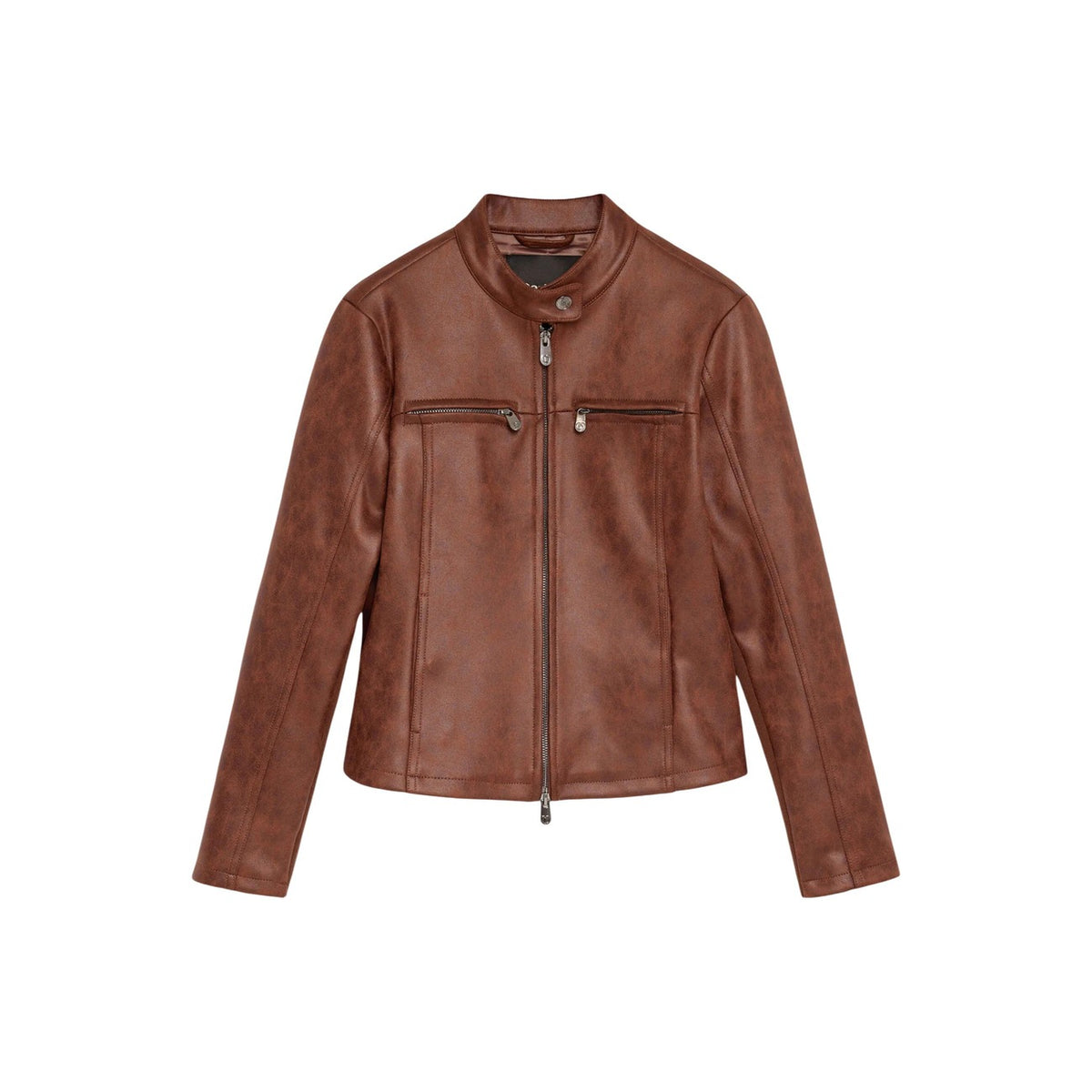 Giacca biker Desigual donna marrone modello CHAQ_BIKERCY. Giubbotto effetto pelle da donna con collo alla coreana, zip e tasche anteriori stile urban rock contemporaneo.