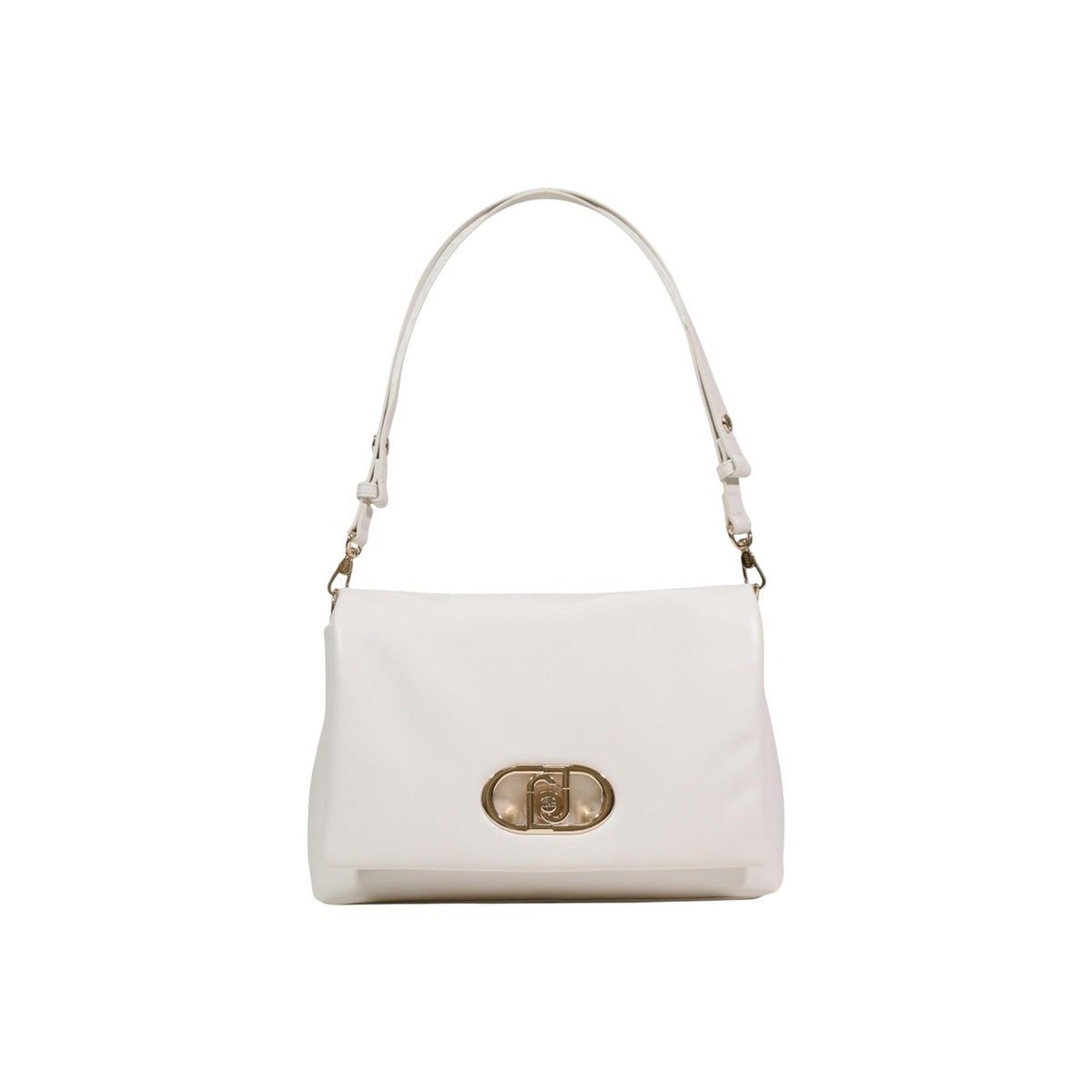 Borsa Liu Jo panna; Effetto Nappa. Manico a catena, tracolla removibile, chiusura con bottone magnetico. Dimensioni 32x22x12 cm. Linea ecosostenibile Liu Jo Better. Accessorio sofisticato per la stagione Primavera/Estate. Vista frontale Con manico
