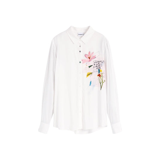 Camicia Desigual donna bianca modello CAM_TAMESIS. Blusa a maniche lunghe in viscosa bianca con ricami di fiori colorati sul davanti, colletto tradizionale e abbottonatura classica, camicia casual elegante e morbida della collezione autunno inverno.