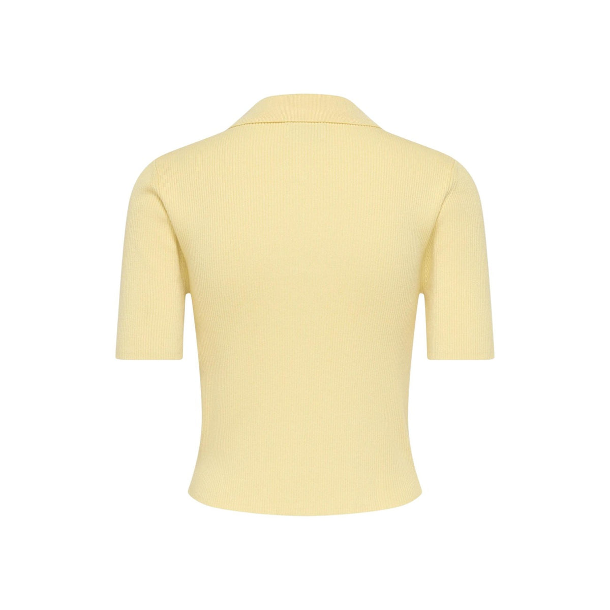 Cardigan JDY Jdynanna; 80% viscosa, 20% nylon, lavorazione a costine. Maniche corte, colletto classico, chiusura con zip. Maglia elastica, traspirante e antipiega per outfit quotidiani. Colore giallo. Vista posteriore