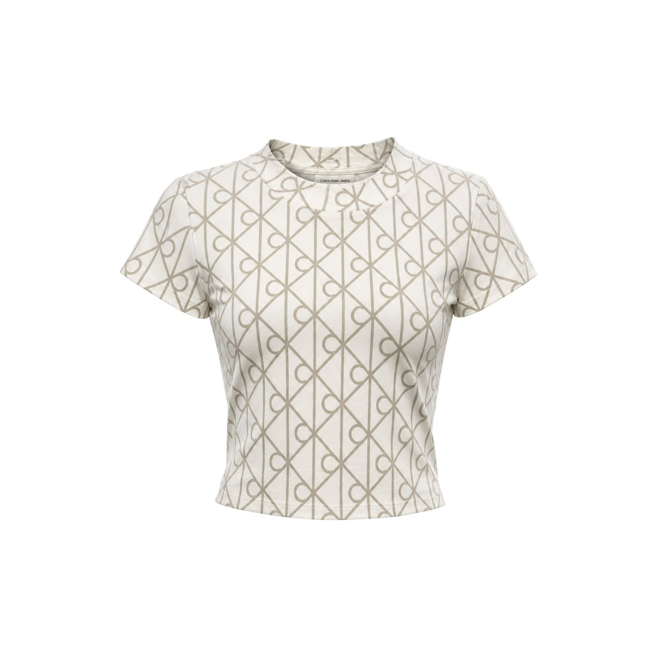 T-shirt Cropped Monogram CK; Bianco beige. 95% Cotone, 5% Elastam. Taglio corto, motivo all-over, vestibilità stretch. Moderna, iconica e perfetta per look a vita alta. Frontale stesa