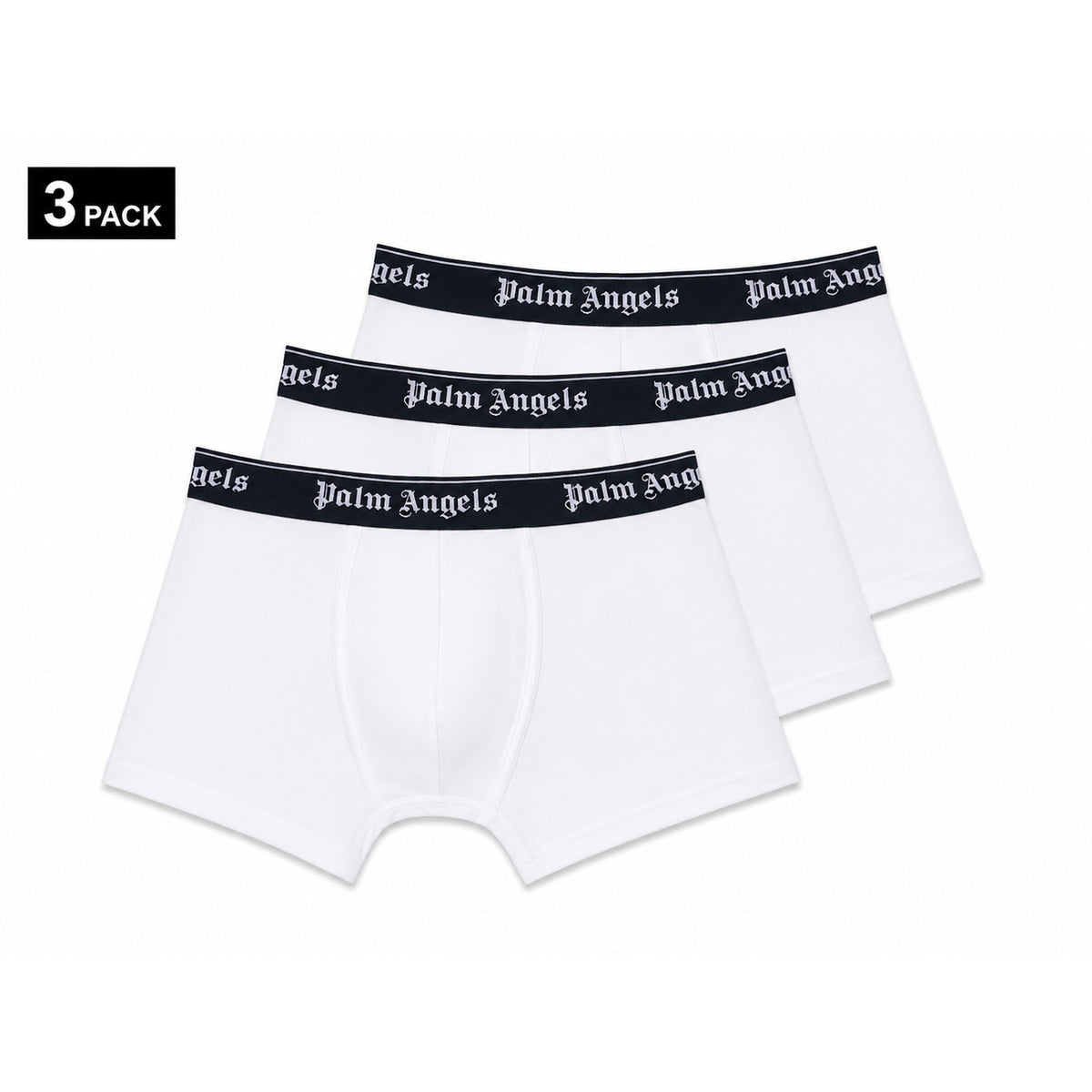 Set 3 Boxer Palm Angels; bianco. Fascia elastica logata, cotone elasticizzato, taglio aderente. Comfort premium e stile iconico in un unico pack. Frontale