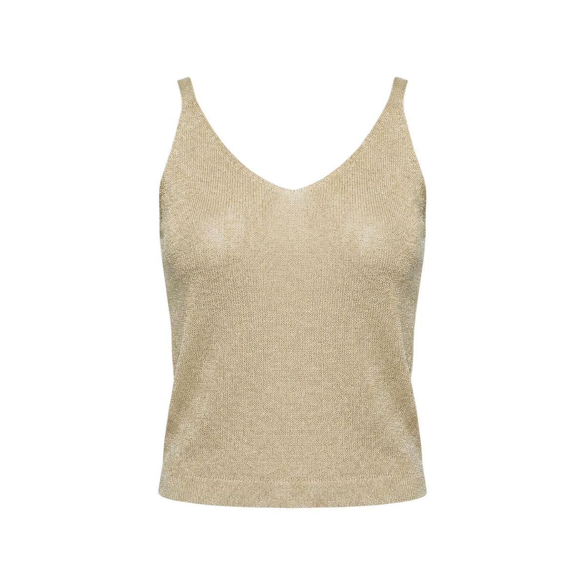 Gilet Maglia Only Shina Glitter; Scollo a V. Tessuto morbido con dettagli luminosi, vestibilità regolare. Versatile, elegante e di tendenza. Colore tinta unita con riflessi glitter Colore oro. Vista frontale stesa