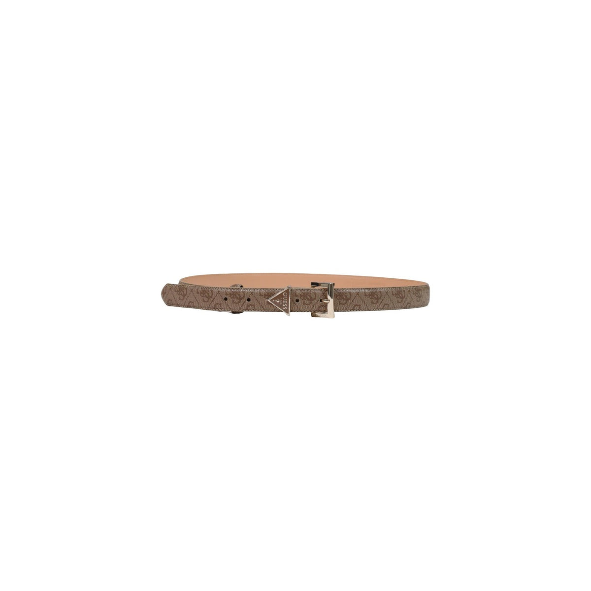 Cintura Donna Beige Guess Noelle; Larghezza 2,5 cm in poliestere e rivestimento in pelle con motivo 4G. Chiusura regolabile con fibbia oro pallido e dettaglio triangolo logo, stile elegante Frontale chiusa