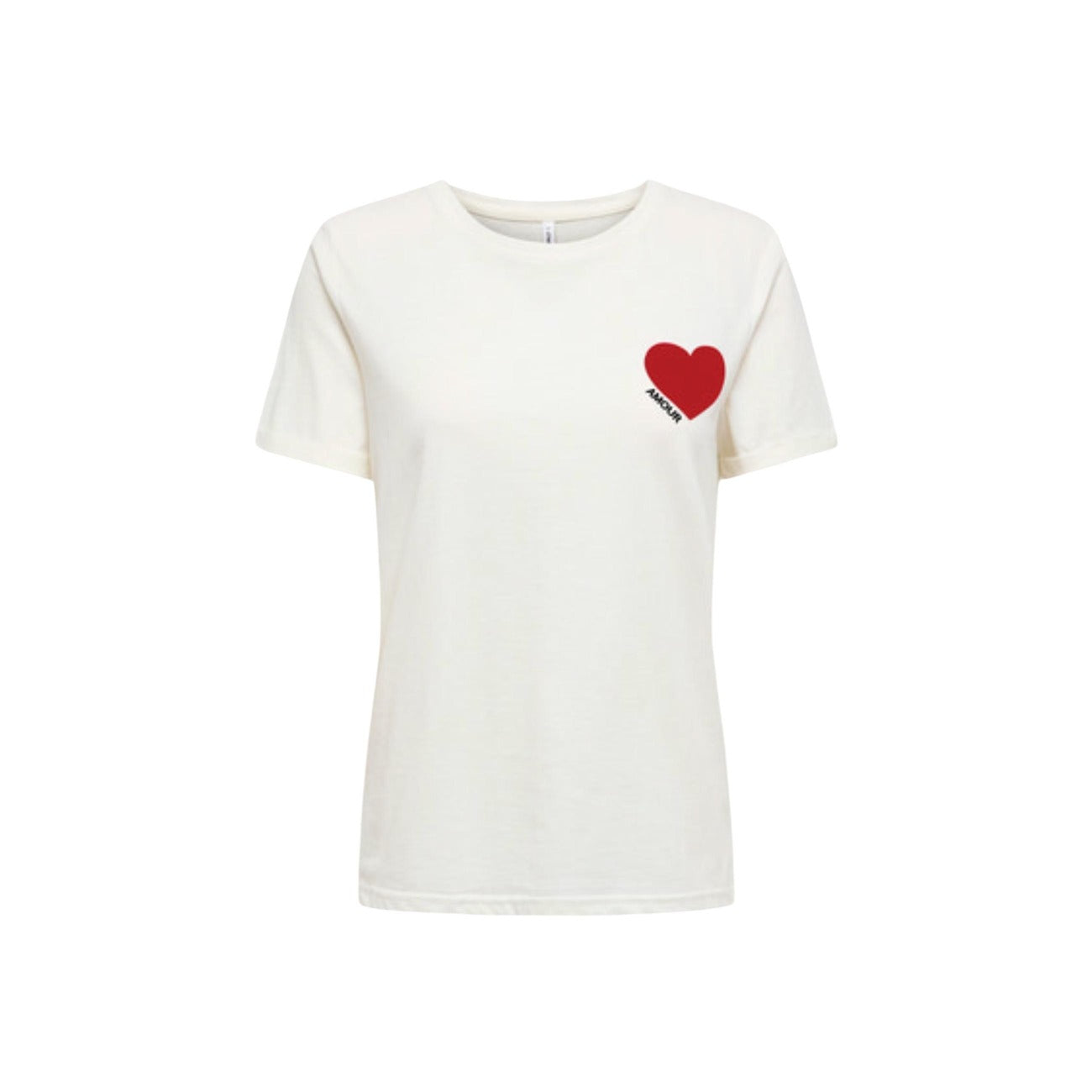T-shirt bianca Only Onlvica con cuore rosso in velluto e dettaglio scritta, maniche corte e taglio regolare in puro cotone.