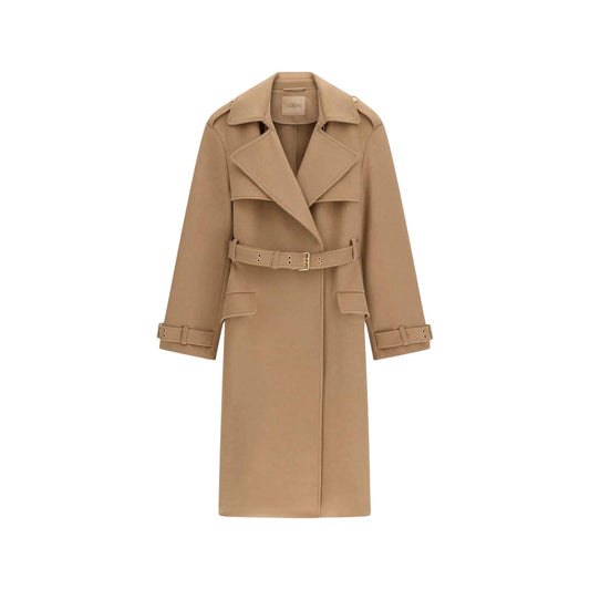 Cappotto trench beige donna Guess Eve Melton W6BL51 W4138. Trench coat lungo in panno di misto lana beige con abbottonatura e cintura coordinata in vita.