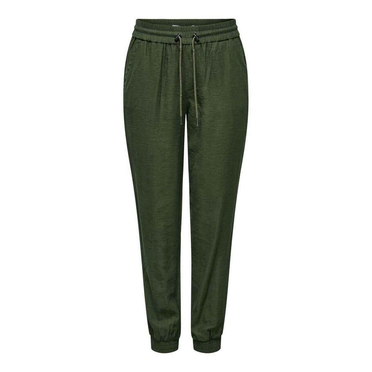Only Kelda-Emery Pull-Up Pants; Verde. 92% Viscosa, 8% Poliestere. Vita regolare elastica, vestibilità regular con polsini alle caviglie. Tessuto leggero, morbido e traspirante. Vista frontale