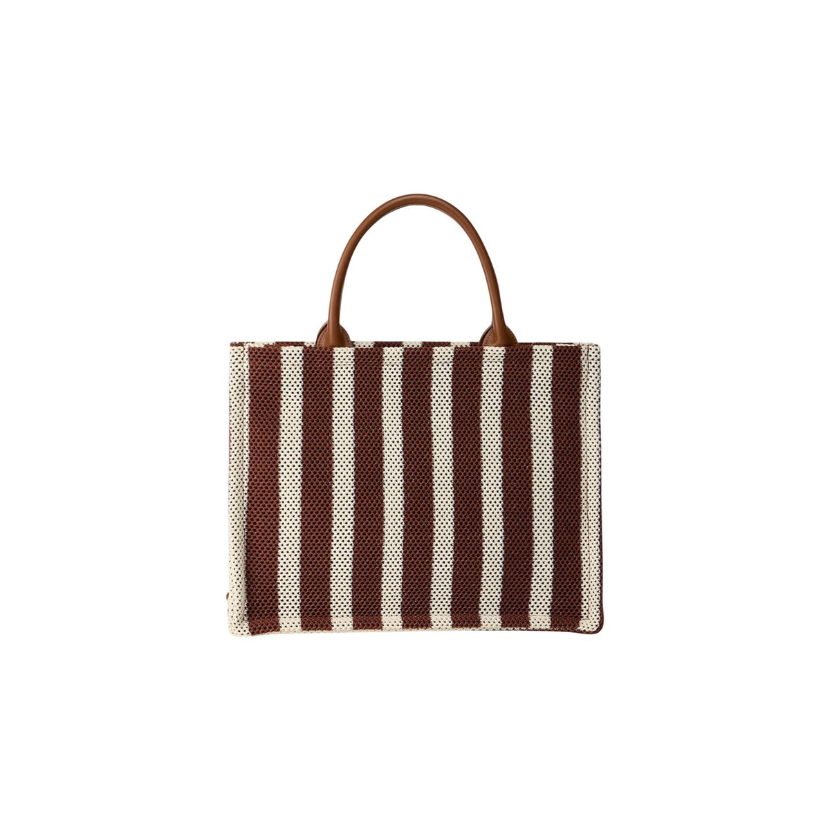 Borsa Tote Replay a righe Bianco/Marrone. Logo ricamato, chiusura con zip, doppi manici e tracolla. Dimensioni maxi 39x30x15 cm. Design bicolore leggero e resistente per la stagione estiva e oltre. Vista posteriore