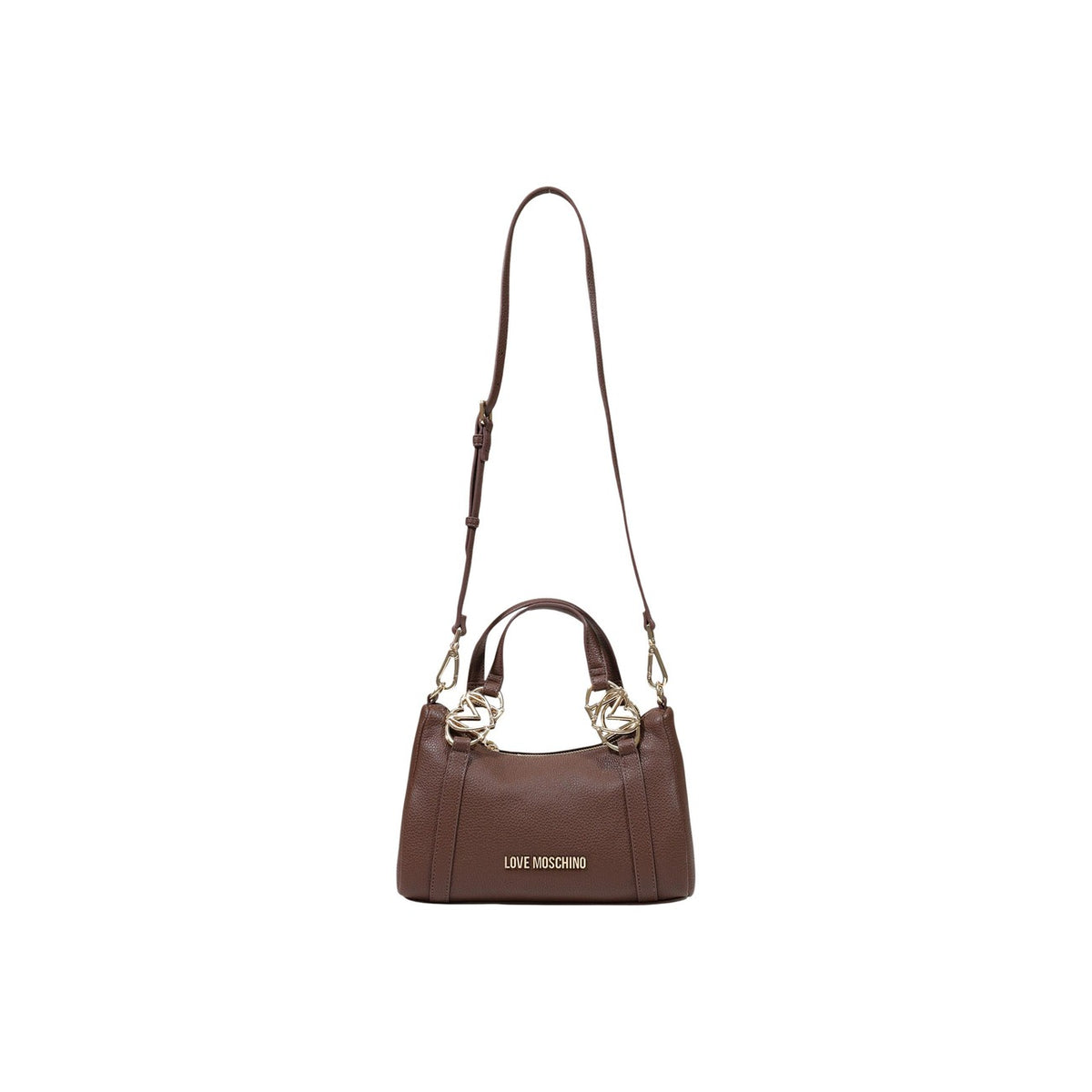 Borsa Love Moschino donna marrone a mano modello JC4015PP1. Borsetta piccola bauletto in ecopelle martellata marrone cuoio con dettagli oro a cuore sui manici e zip stile casual chic, romantico, elegante e da giorno.