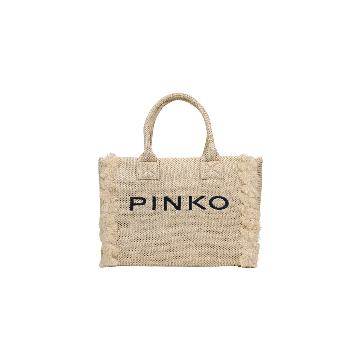 Shopper Pinko Beach Rafia; Texture intrecciata, logo ricamato, dettagli con frange. Borsa grande estiva con manici a spalla. Leggera, capiente e di tendenza. Vista frontale