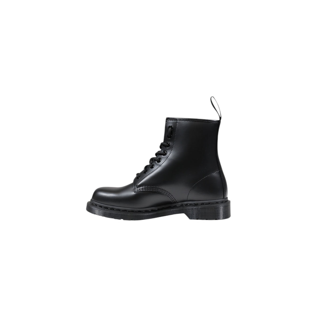 Anfibi Dr Martens 1460 Mono neri unisex. Stivaletti classici 8 fori in pelle liscia rigida Smooth con lavorazione Goodyear, suola ammortizzata nera, fettuccia posteriore e dettagli tono su tono.
