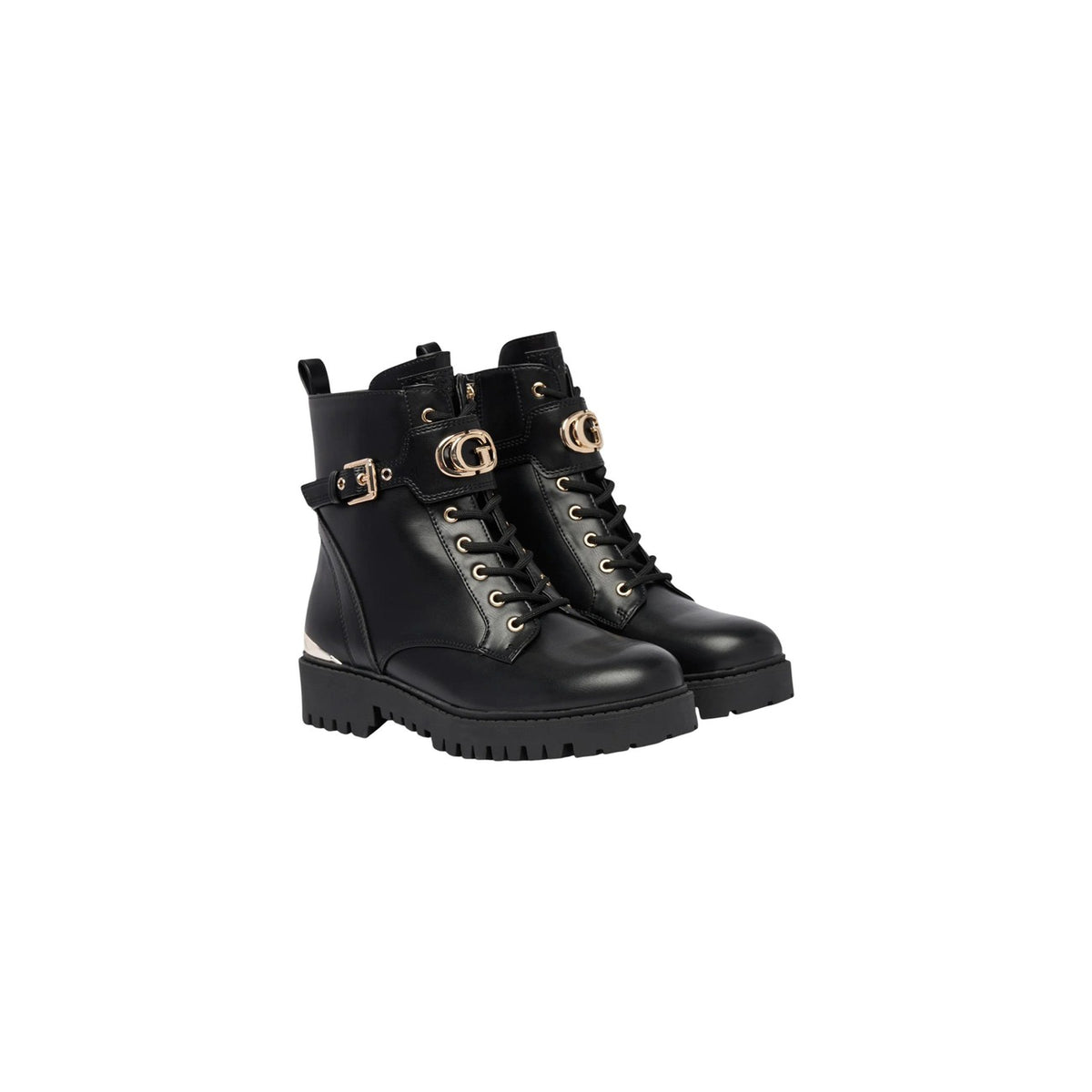 Stivaletti Guess donna nero Olanna FLTOLA ELE10. Anfibi neri in poliuretano con suola alta carrarmato tacco 4 cm, cinturino con fibbia dorata e logo Guess, collezione autunno inverno.