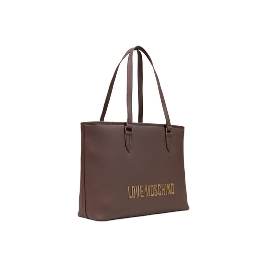 Borsa Love Moschino donna marrone grande modello JC4190PP. Shopping bag tote color marrone cuoio/cioccolato adatta per l'ufficio e il lavoro, con manici regolabili, ampio scomparto interno e scritte logo oro sul davanti, stile elegante e casual chic.