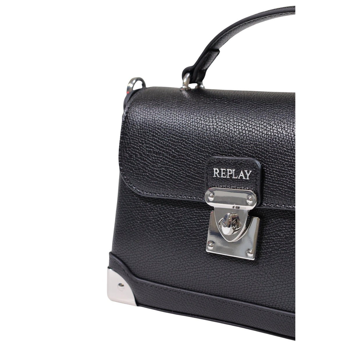 Borsa Replay donna nera FW01A2.000.A7243S. Borsa a mano e crossbody compatta effetto pelle con texture martellata, angoli rinforzati in metallo, logo frontale e chiusura a girello twist lock, dimensioni 19x14x8 cm.