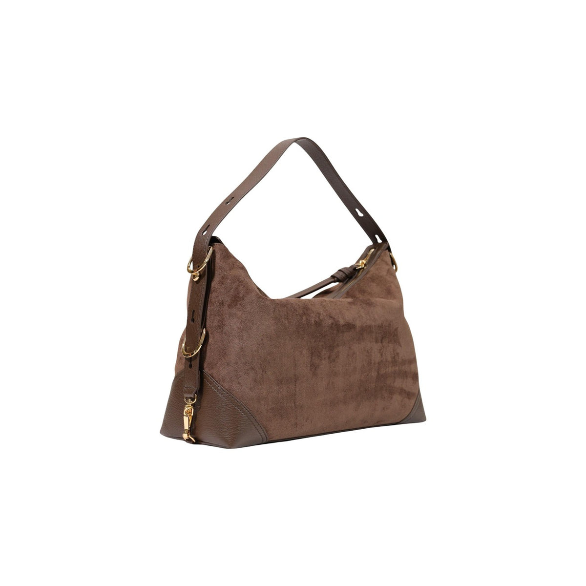 Borsa Love Moschino donna marrone spalla modello JC4090PP. Borsa grande a sacco color marrone cioccolato in tessuto morbido effetto velluto e rifiniture in ecopelle, con manico regolabile, dettagli e scritte logo in metallo oro, stile casual e chic.