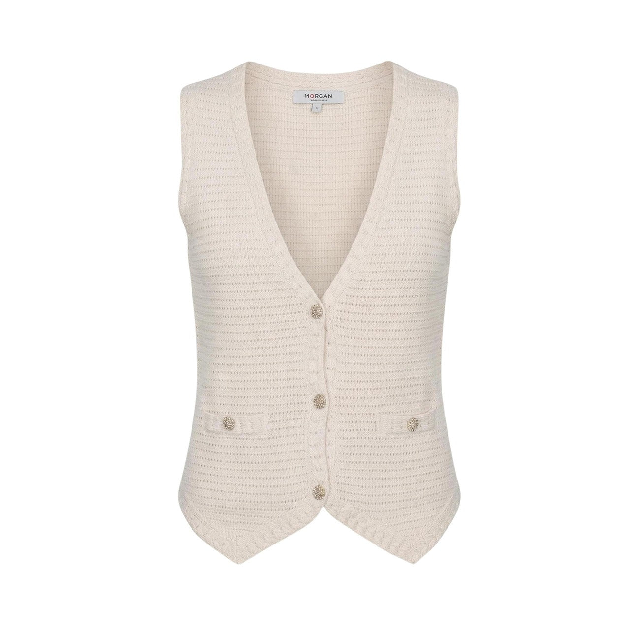Gilet Morgan De Toi 251-MGILET; 100% Cotone. Maglia fine, scollo a V, bottoni decorativi. Capo donna versatile, traspirante e chic per la PE26. Colore beige vista frontale stesa