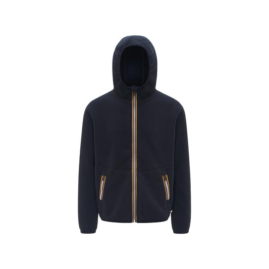Pile reversibile K-Way Jack uomo blu K3132NW. Giacca con cappuccio e cerniera zip da uomo 2 in 1 con tessuto orsetto sherpa da un lato e pile polare liscio dall'altro, con tasche e bordo elastico, abbigliamento autunno inverno.