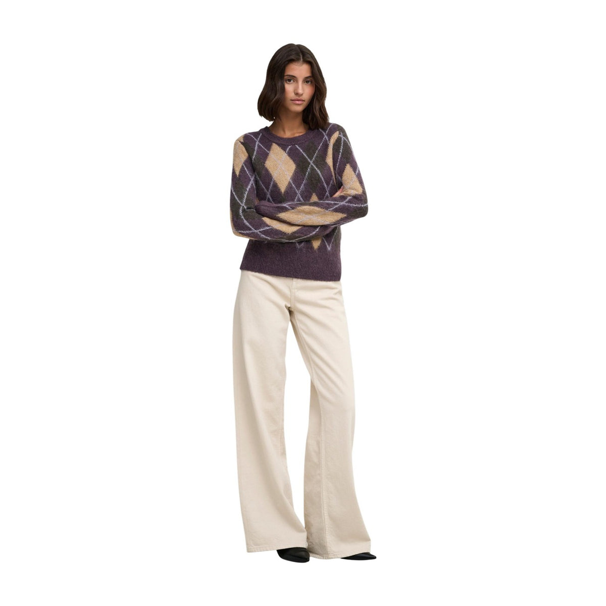 Pullover donna Jacqueline De Yong viola marrone – Maglia paricollo geometrica 15385711.