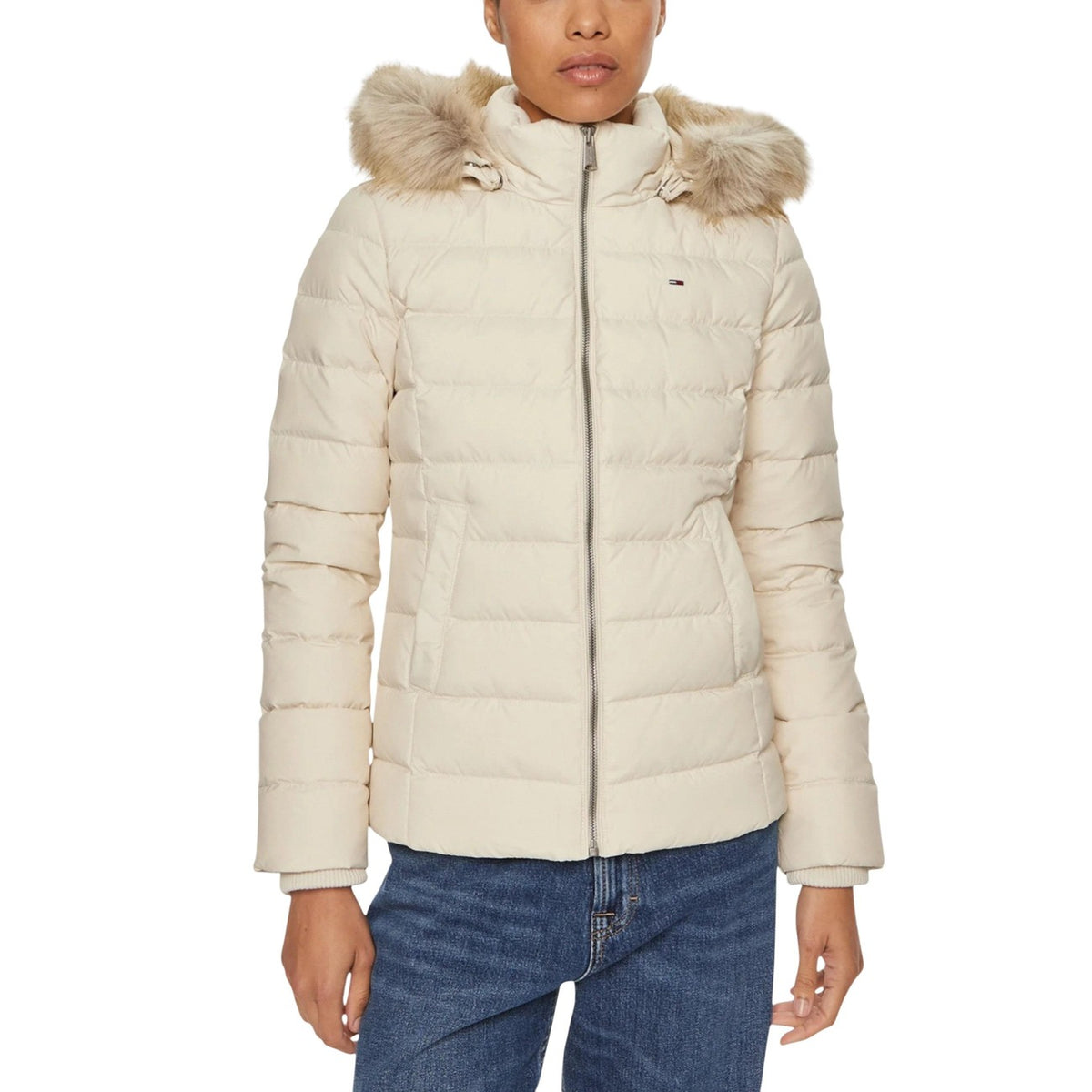 Giubbotto Tommy Hilfiger Jeans donna bianco con cerniera e cappuccio - vista frontale