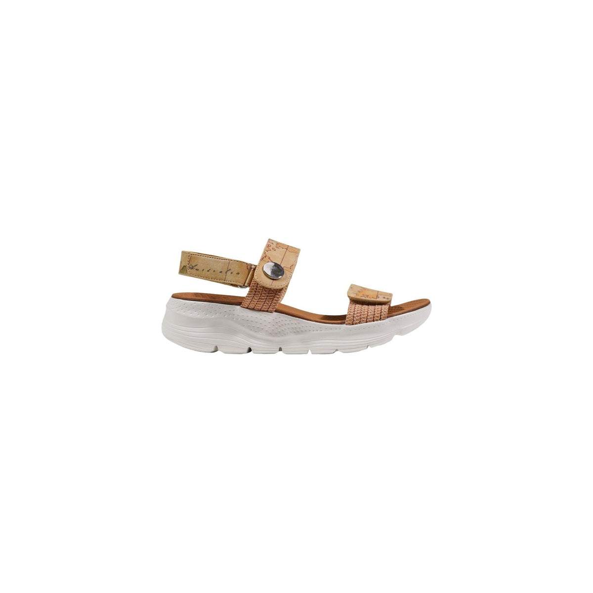 Sandali Alviero Martini H50; zeppa ergonomica, stampa Geo Classic. Doppia fascia, chiusura a strappo, mix poliuretano/tessile. Leggeri, resistenti e confortevoli per tutta la giornata. Vista laterale