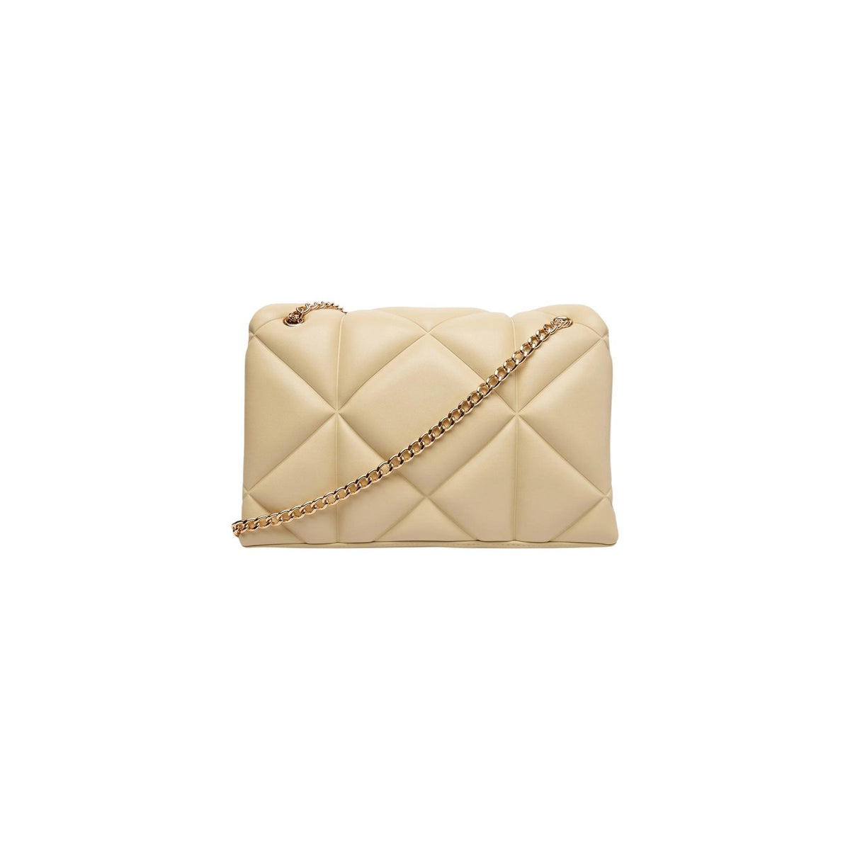 Borsa Love Moschino donna bianca trapuntata modello JC4041PP1. Borsetta media a spalla trapuntata in ecopelle bianca con manici a catena oro e logo metallico dorato, stile elegante, casual chic e da cerimonia.