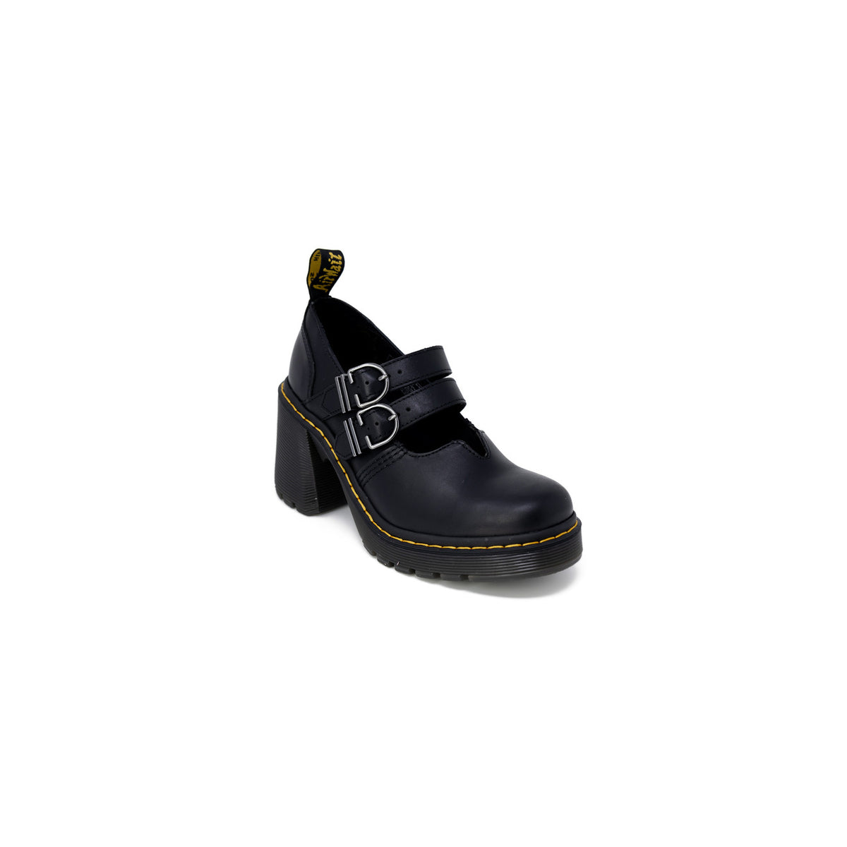 Scarpe stringate Dr. Martens EVIEE SENDAL con tacco in pelle donna nere con fibbia tacco largo punta tonda 100% pelle - vista laterale frontale