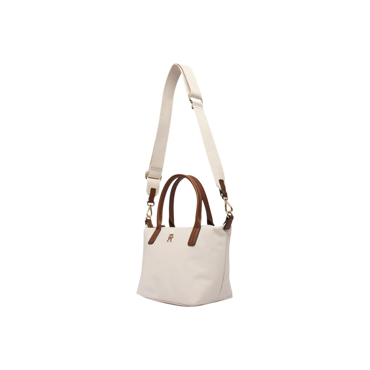 Borsa Tommy Hilfiger Nylon Monogram Tote; Chiusura con zip, tracolla rimovibile, placchetta TH dorata. Materiale leggero e resistente, capienza 7 l. Design iconico e funzionale. Colore bianco vista Con tracolla