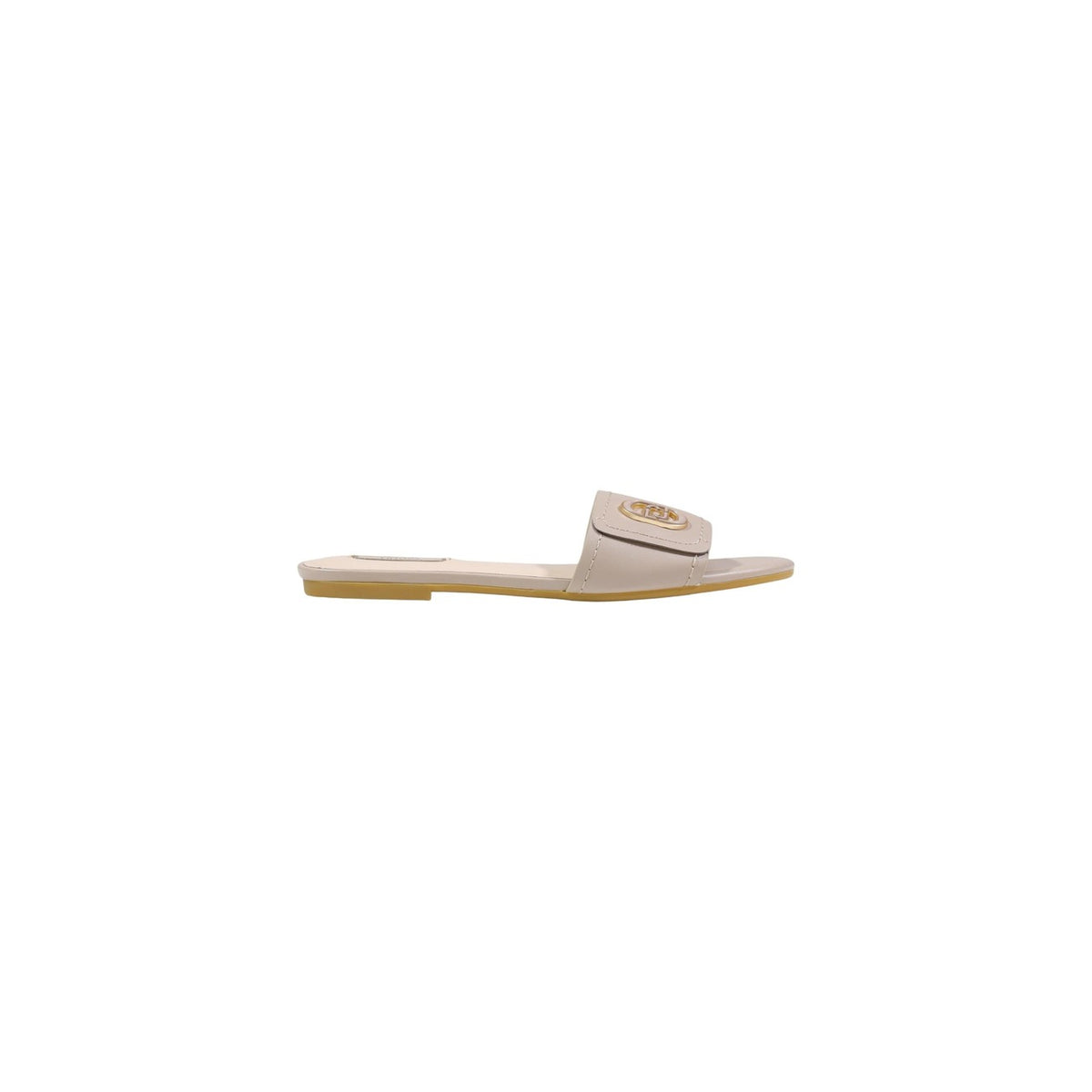 Liu-Jo Sandy 03 Slipper SA6127P0102, sandali beige bassi in 100% pelle con applicazione logo metallico; suola leggera, calzata slip-on e finiture artigianali di alta qualità.