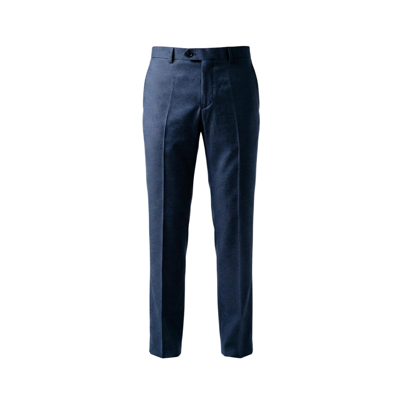 Abito Doppiopetto Mulish Blu; Modello Giorgione. Giacca 4 bottoni, revers a lancia, pantalone dritto. Tessuto comfort-stretch, vestibilità moderna. Ideale per cerimonie e business. Codice: ABS707. Vista stesa pantalone