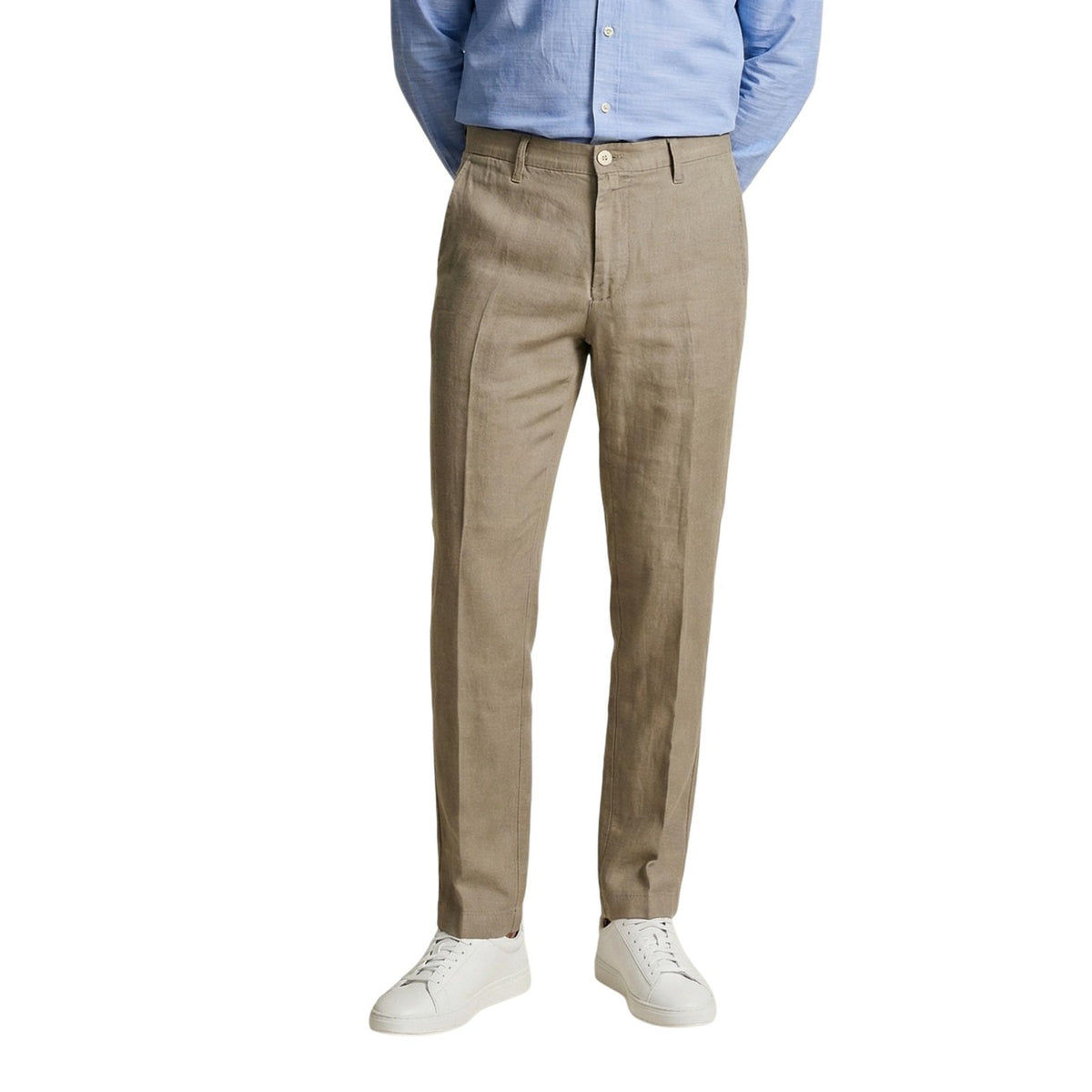 Pantaloni Borghese PSE579GR; 100% lino, Regular Comfort Fit. Chiusura con bottone, tasche laterali, tessuto ultra-traspirante. Pantalone estivo elegante e leggero, ideale per look business e casual. Colore beige scuro vista frontale