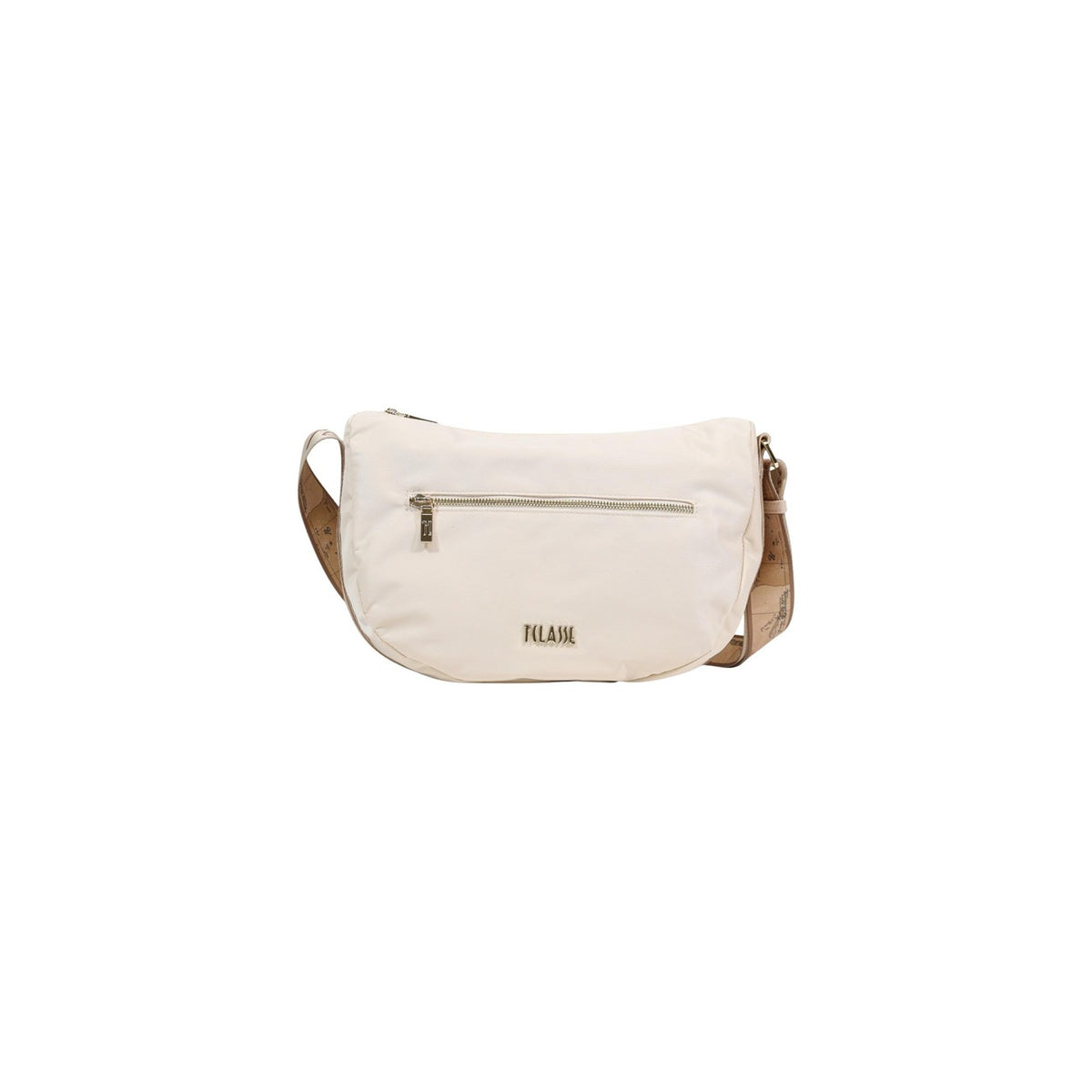 Shoulder Bag Alviero Martini LB84; poliammide riciclata, tracolla Geo regolabile. Tasca esterna con zip dorata, logo Prima Classe, formato grande. Leggera, resistente e di tendenza. Colore bianco: vista frontale