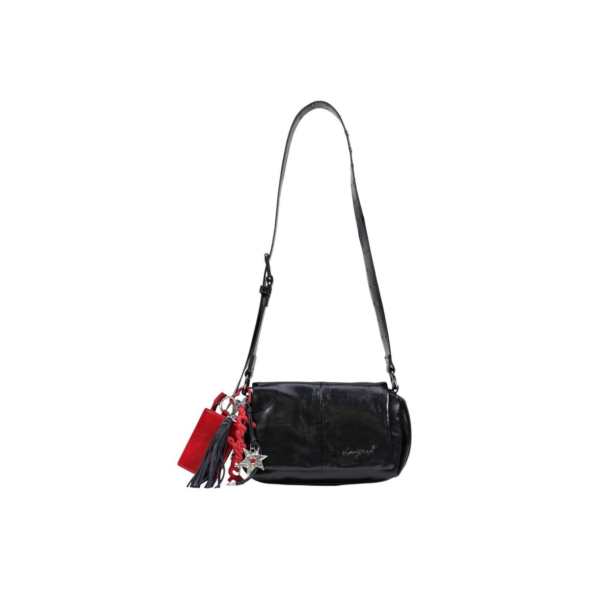 Borsa piccola in tessuto effetto pelle con finitura lucida, chiusura a patta magnetica e cerniera e portachiavi rimovibile.
Vista frontale con tracolla