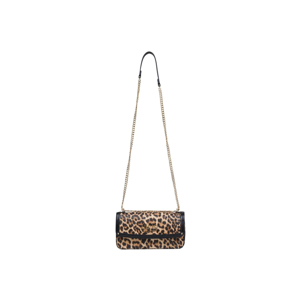 Borsa Liu Jo S Crossbody East/West; 100% Poliuretano Animalier. Tracolla a catena dorata, logo Milano in rilievo, chiusura a zip. Mini bag donna glamour e versatile. Vista con tracolla