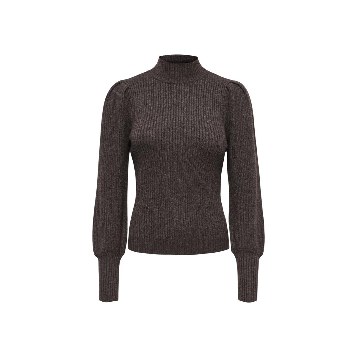 Maglione collo alto donna Only ONLKATIA LIFE marrone 15232494. Pullover invernale lavorato a costine con maniche a sbuffo, collo alto avvolgente e vestibilità sagomata.