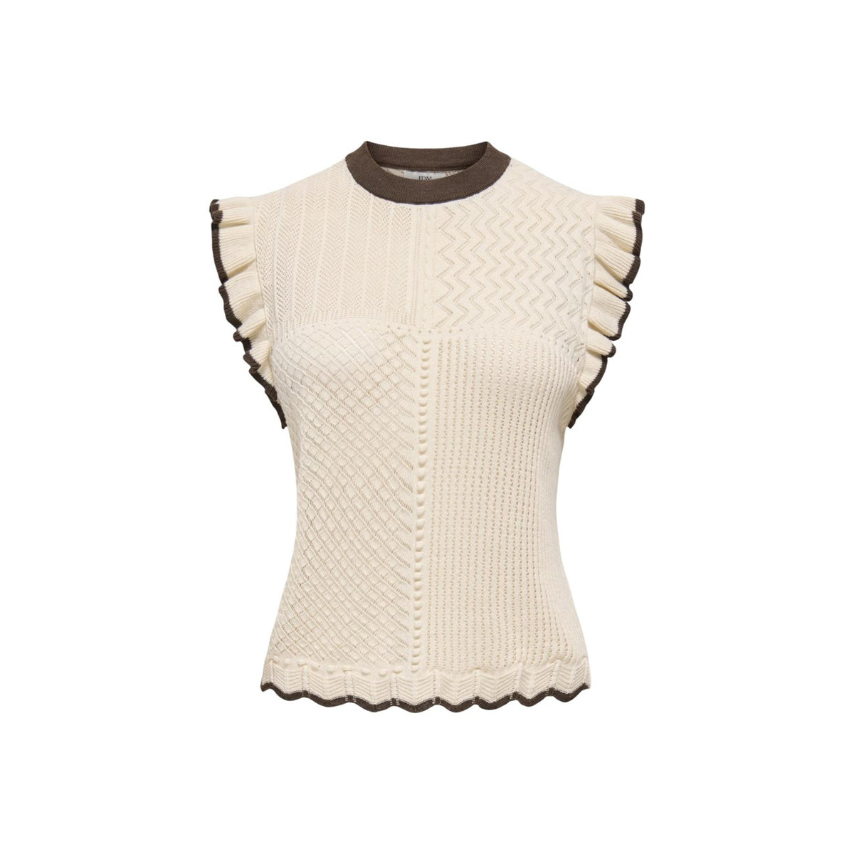 T-shirt maglia beige JDY Jacqueline De Yong 15359375. Top estivo in cotone lavorato a maglia piatta con motivo geometrico beige, girocollo e dettagli volant sulle maniche, maglietta donna casual chic primavera estate.