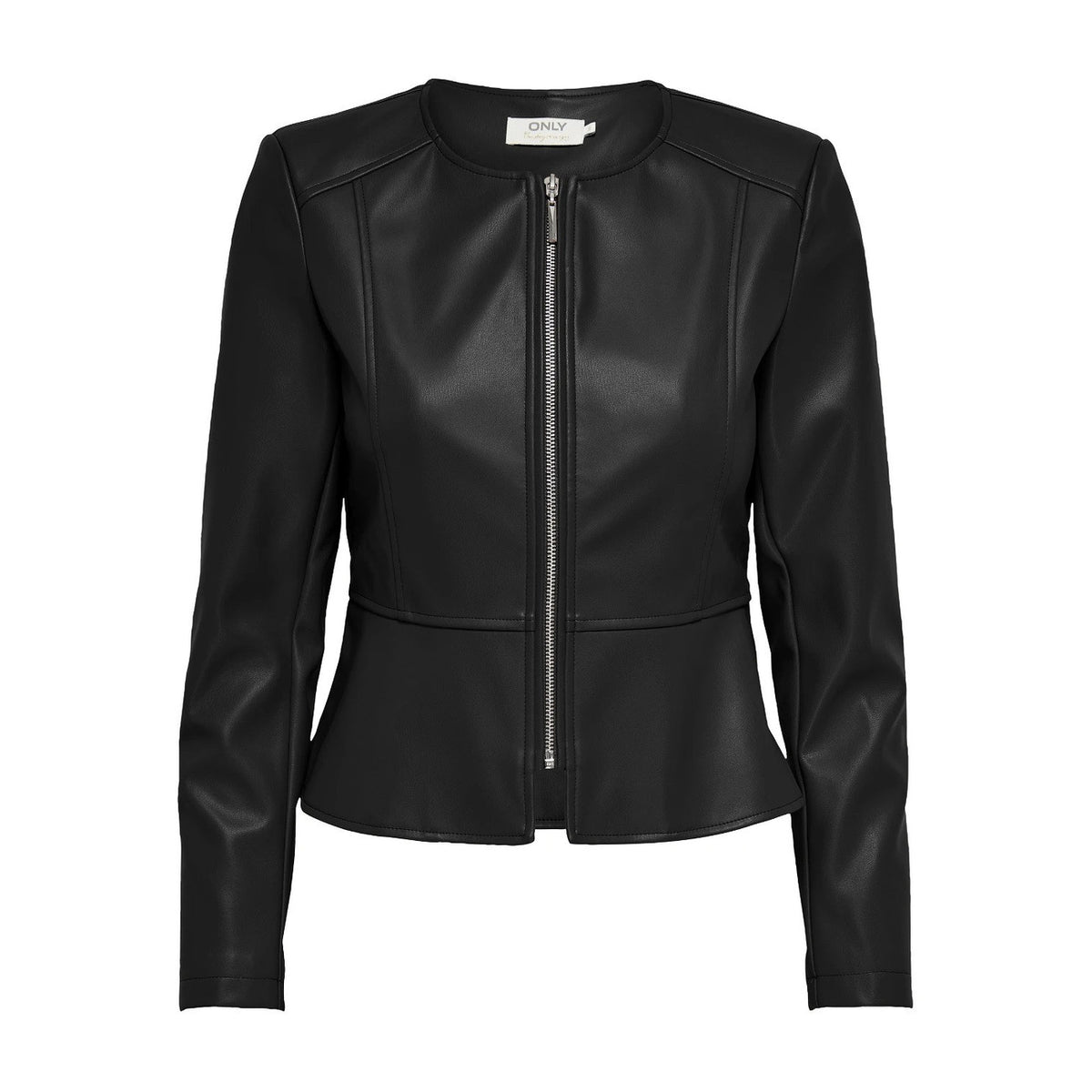 Only ONLSARAMY Jacket Black; giacca leggera in similpelle non imbottita, chiusura a cerniera, scollo tondo e taglio slim fit, perfetta per il layering primaverile. Vista frontale stesa