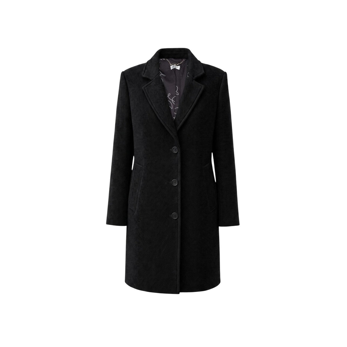 Cappotto nero donna misto lana Liu Jo COAT WF6412 T720A. Cappotto sartoriale nero a doppio petto sagomato con collo alto e bottoni metallici.