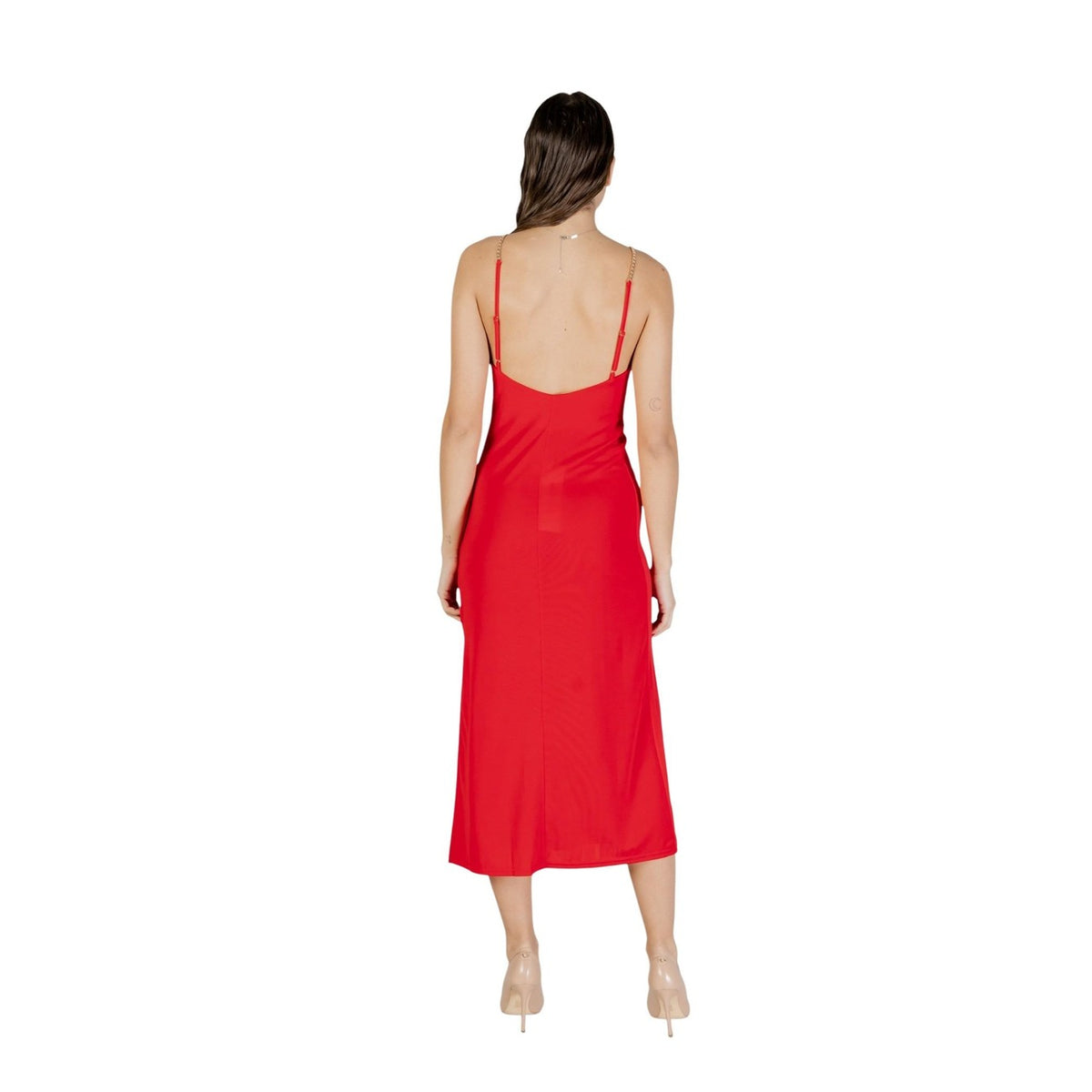 Abito Morgan De Toi donna rosso lungo con spalline e con spacco - vista posteriore retro indossata da modella