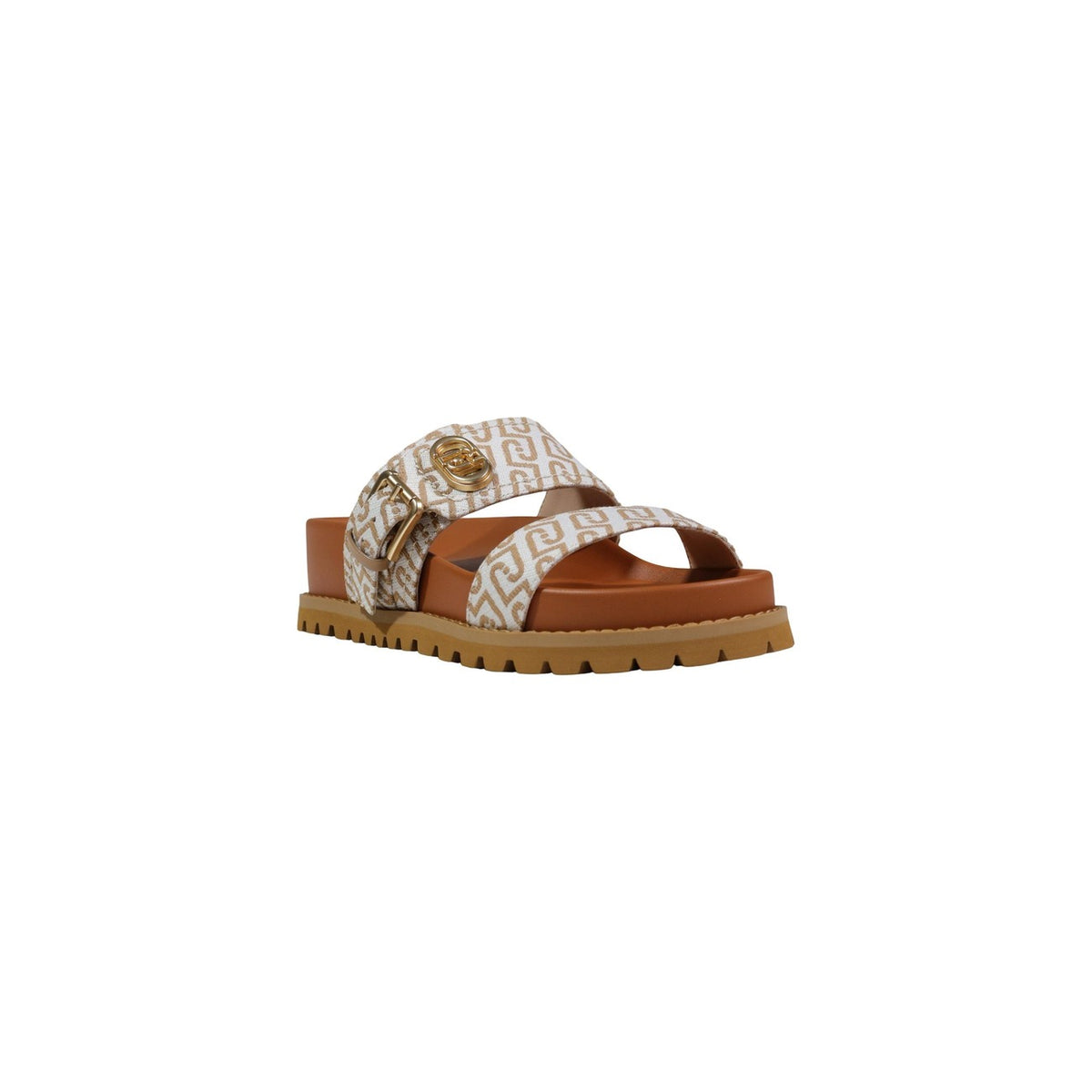 Sandali Jacquard Logati; suola dentellata 4,5 cm, fascette regolabili, logo metallico. Il sandalo platform dal design tecnico-urbano. Vista frontale