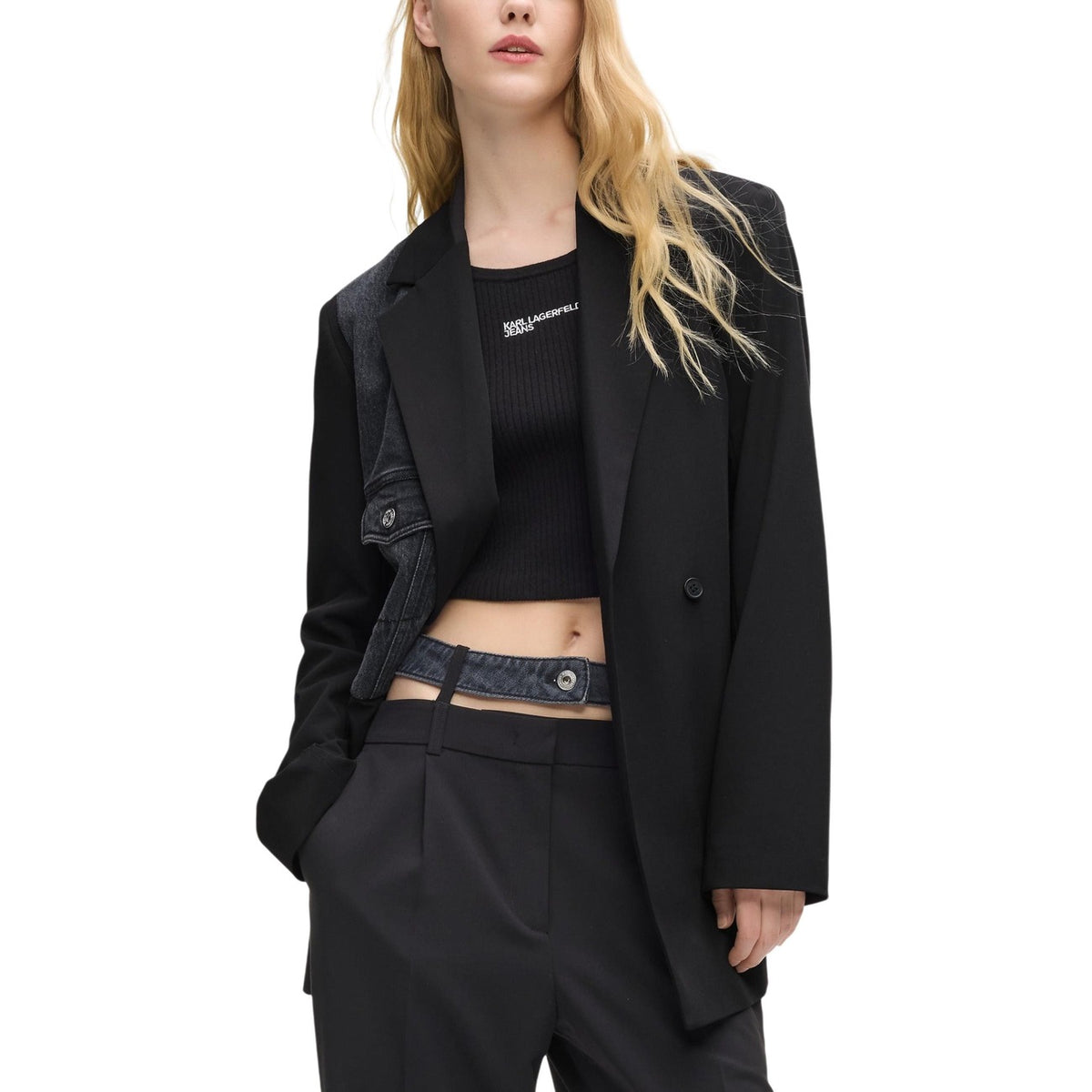 Giacca donna Karl Lagerfeld Jeans modello BLAZER CON SEZIONE IN DENIM nera in viscosa e poliestere con maniche lunghe e bavero