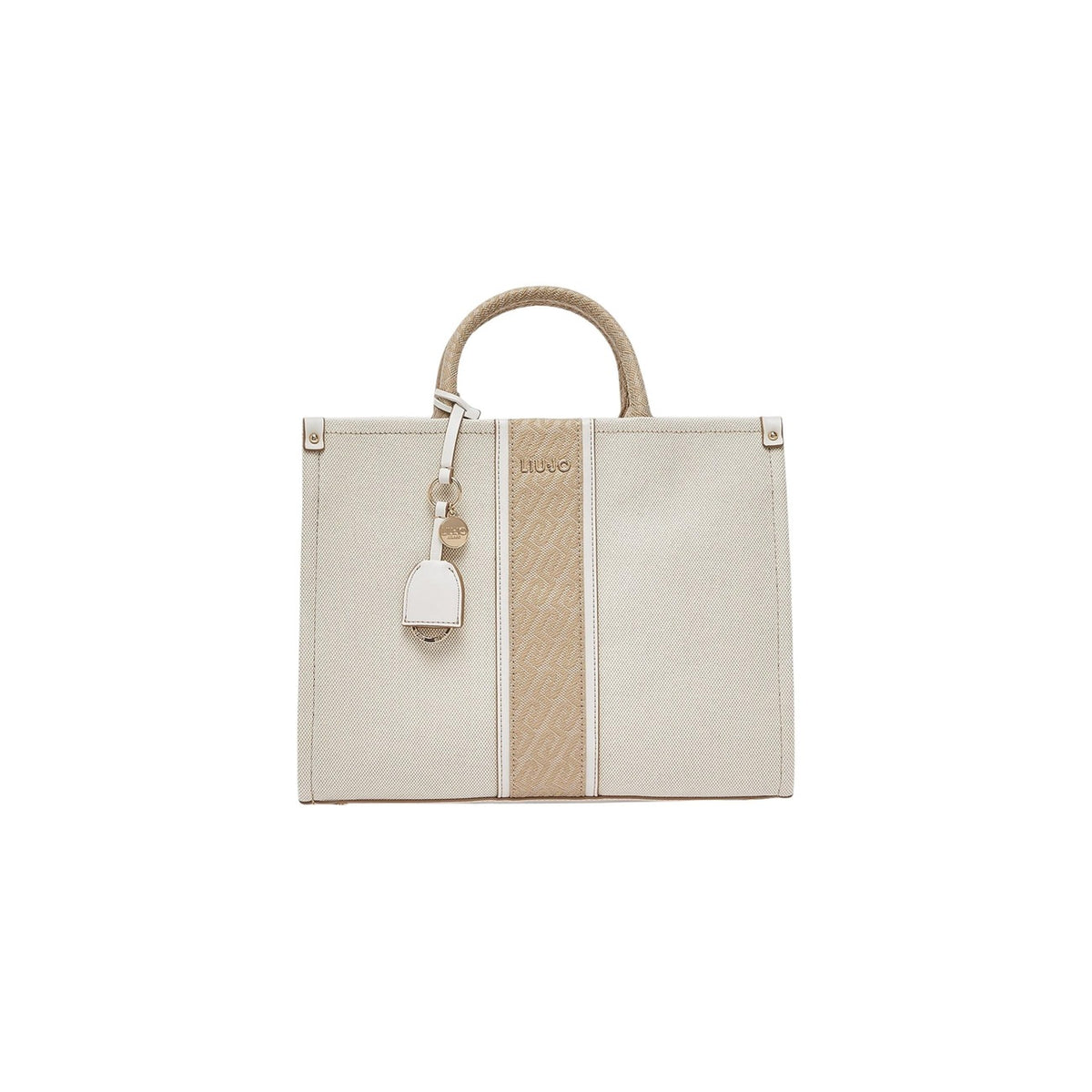 Borsa Liu-Jo M TOTE in cotone; dettagli monogram in rilievo, finiture dorate, manici intrecciati. Ampia, versatile e chic. Vista frontale