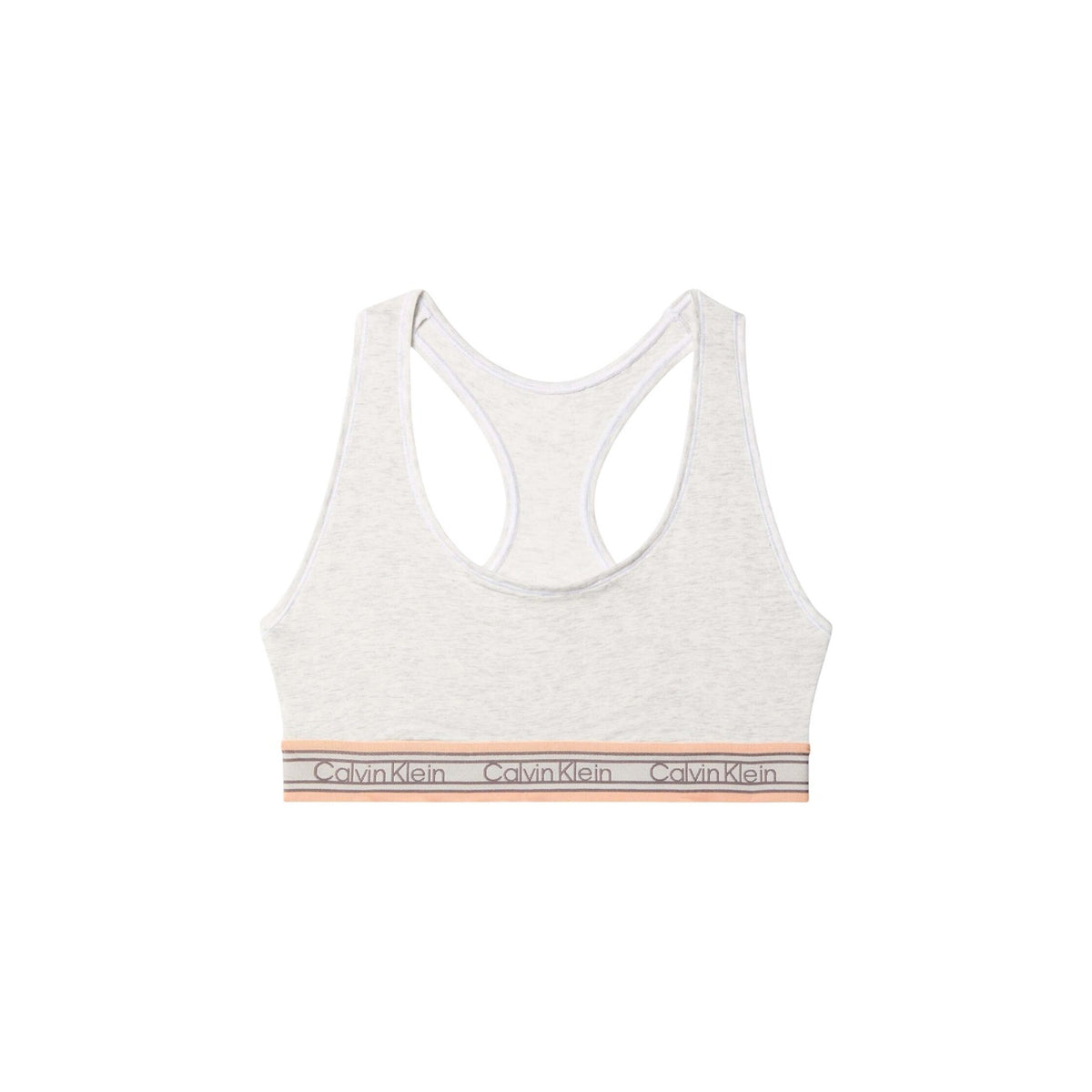 Bralette Sfoderata Bianco Donna Calvin Klein; Tessuto elasticizzato in cotone e modal con retro a vogatore e coppe senza imbottitura. Modello pull-on con fascia piatta senza cuciture, stile sportivo primavera-estate. Vista Frontale stesa