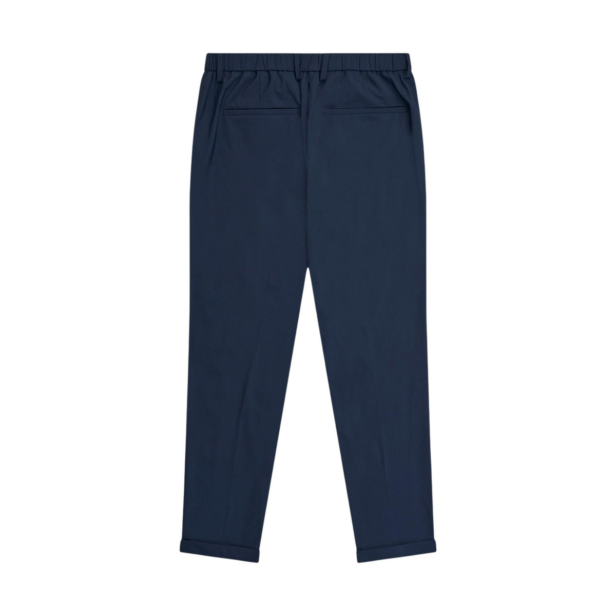 Pantaloni blu navy Ankle Length RAD; pantalone slim in tessuto bi-stretch ad alte prestazioni. Silhouette pulita, elasticità superiore e stile sartoriale moderno. Vista posteriore