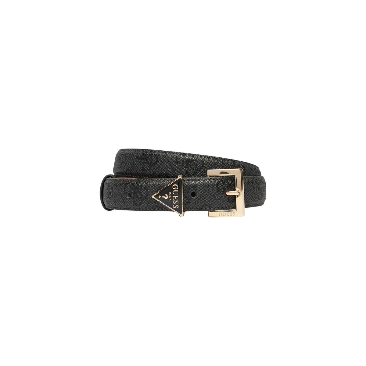 Guess Noelle Belt; stampa 4G logo, metalleria oro pallido, 100% poliestere. Cintura regolabile logata con dettaglio triangolo frontale. Colore nero/grigio. Vista frontale
